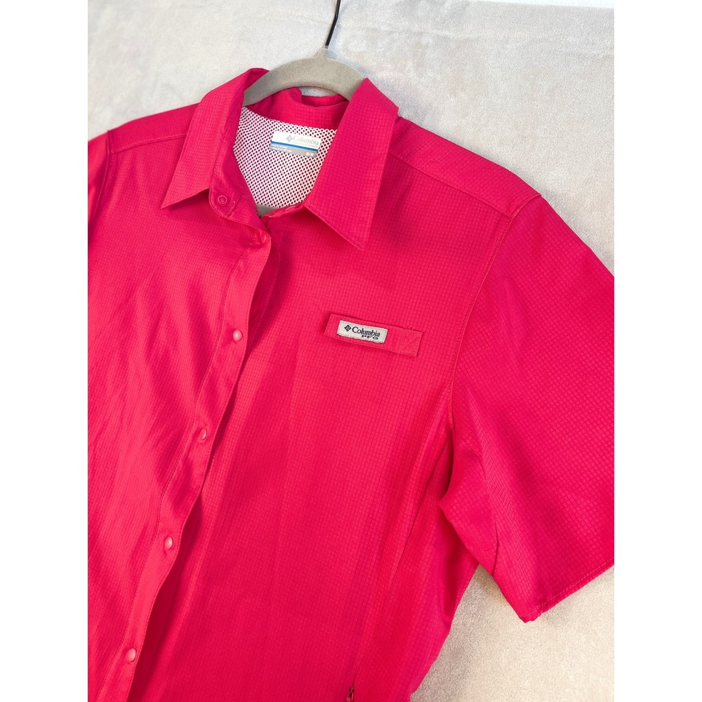 Columbia PFG Pink Short Sleeve Fishing Shirt Womens M MeshVent Snap Front
